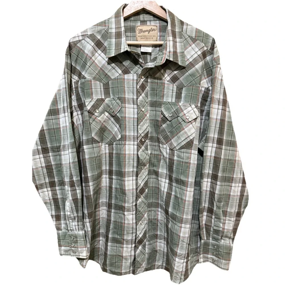 Wrangler Wrancher Pearl Snap Shirt Men's Size XXL Green/Tan Plaid Cotton Vintage